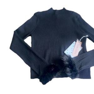 Sweet Rain Ribbed Faux Fur Long Sleeve Tee Women’s Black Size XL